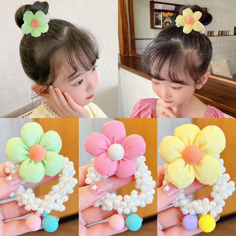 Dây Buộc Tóc Trang Trí Hoa Hướng Dương Đính Ngọc Trai Dễ Thương Cho Bé Gái