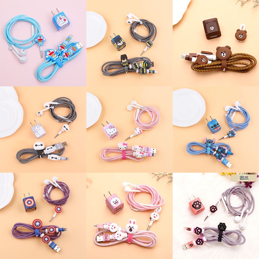 Phụ kiện quấn bảo vệ dây cáp sạc/tai nghe điện thoại Iphone 3.5mm ba trong một kiểu hoạt hình dễ thương