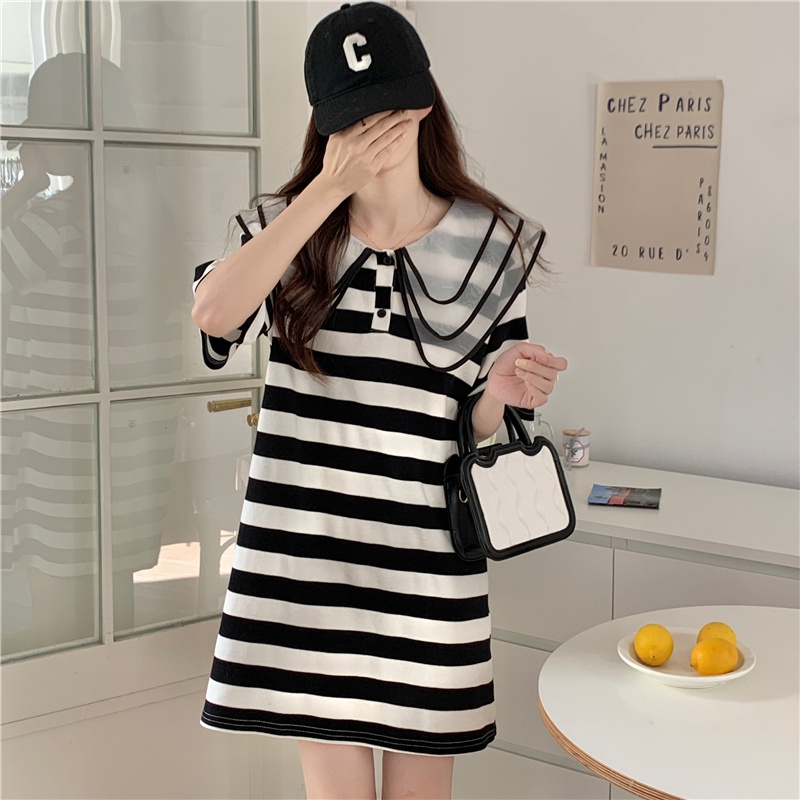 Đầm SUXI ngắn tay dáng rộng họa tiết kẻ sọc thời trang mùa hè cho nữ