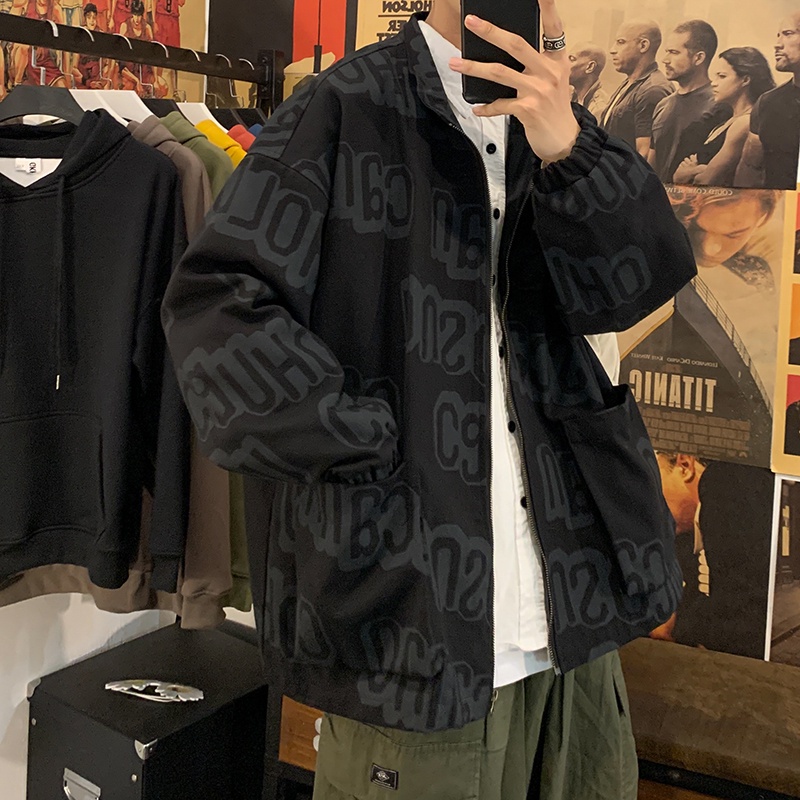 Áo khoác cardigan dáng rộng dài tay in hình phong cách mùa xuân thu thời trang Hàn Quốc đường phố cho nam
