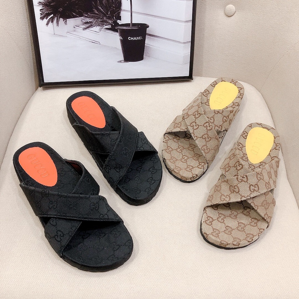 Dép Gucc 2p quai đôi chéo đế lõm siêu HOT chất Canvas siêu bền đi cực êm - Chị Chảnh Store