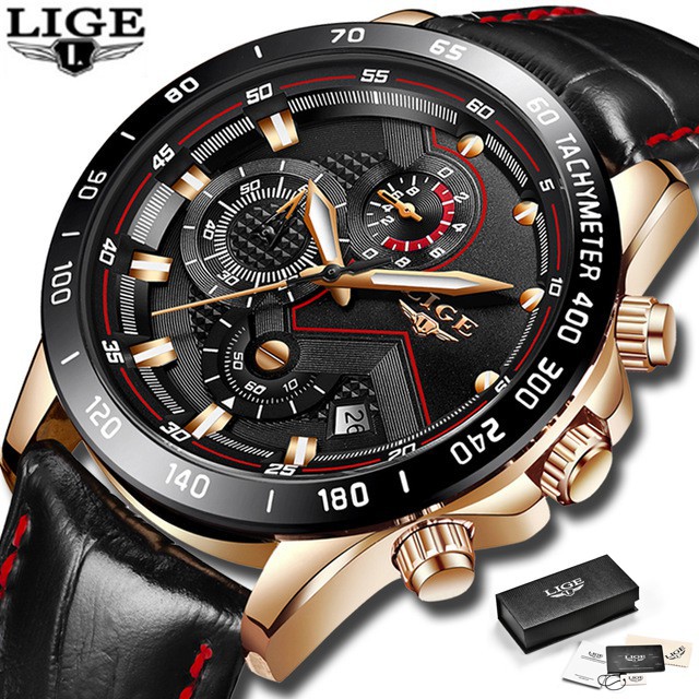 Men's Watches LIGE Fashion Waterproof Sports Leather Analogue Quartz Watch