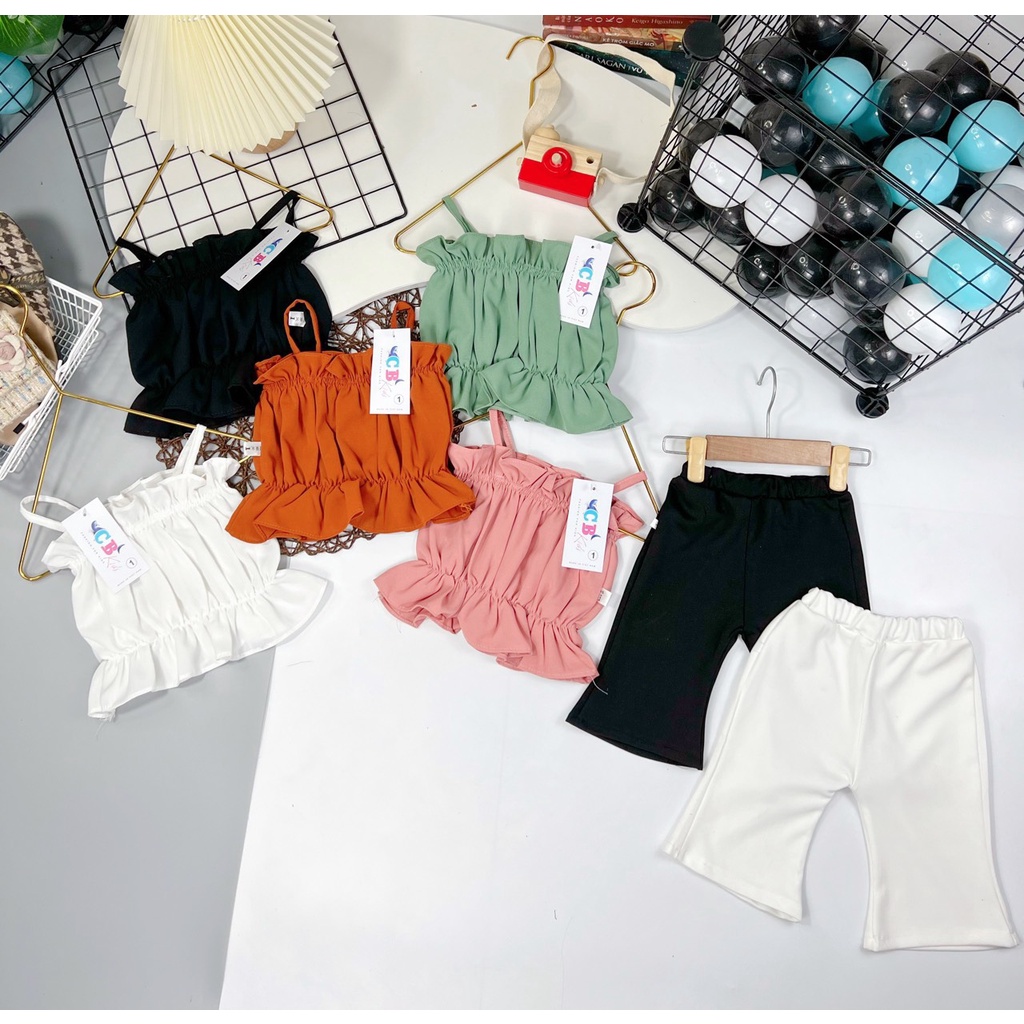 Bộ 2 dây kèm quần loe bé gái, set áo 2 dây chun hàn phối quần lửng loe tôn dáng cho bé