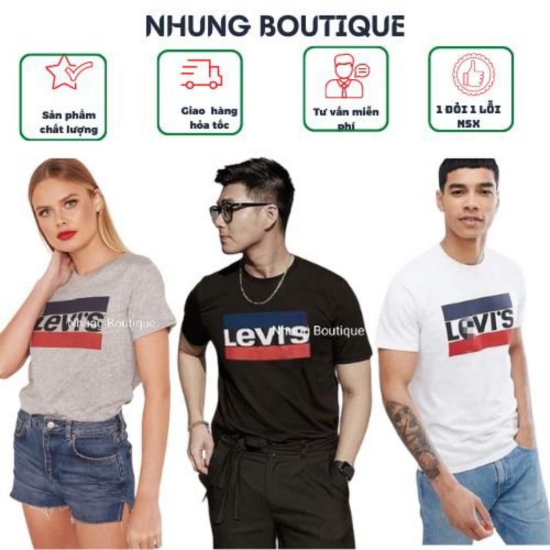 Áo Phông LEV!S Form Nam Nữ Mặc Cặp, Thun Cotton Co Giãn 4 Chiều Thoáng Mát, Cổ Tròn Tay Ngắn, Màu Đen - Trắng - Xám