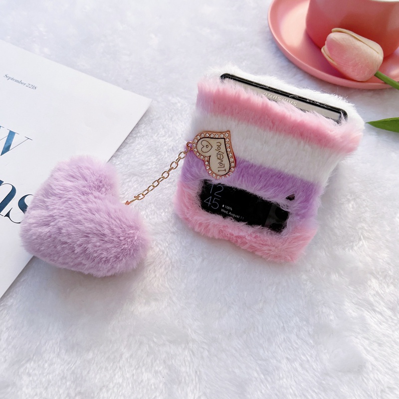 Bao Da Điện Thoại Gắn Hình Trái Tim 3d Bằng Vải Lông Xù Êm Ái Ấm Áp Cho samsung z flip 3 flip4 galaxy Zflip