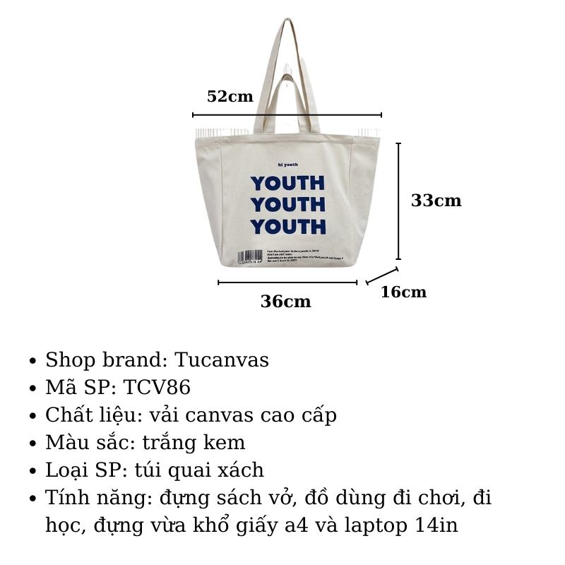 Túi tote túi vải canvas By Book cỡ lớn, có khóa miệng túi phụ thời trang ulzzang