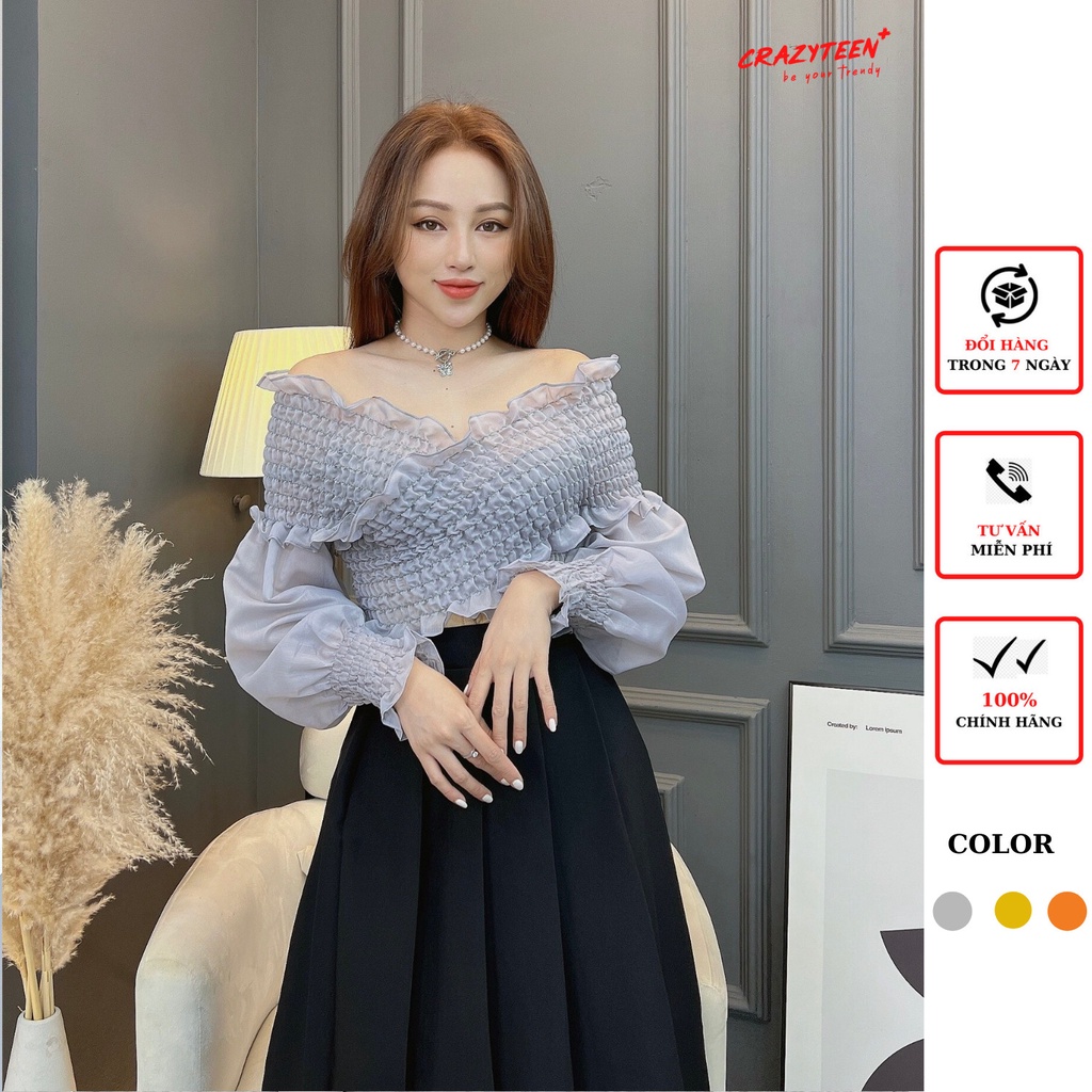 Áo tay dài nữ CRAZYTEEN trễ vai nhún thân thanh lich A0288