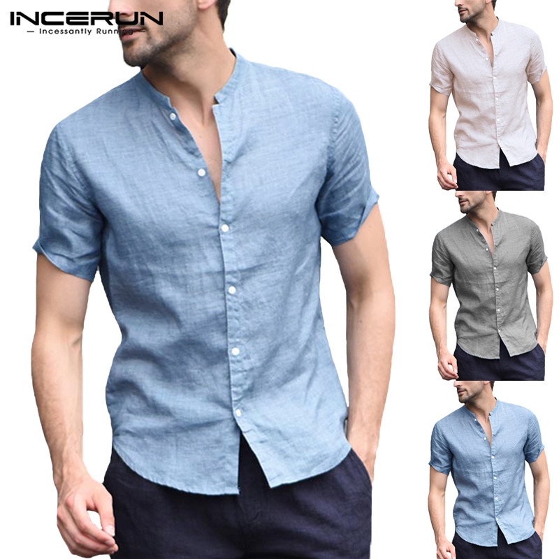 INCERUN Áo sơ mi nam ngắn tay cổ chữ V thoáng khí hợp thời trang