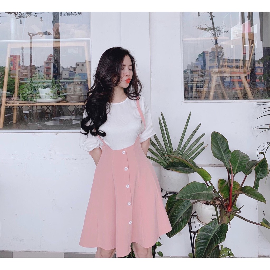 Sét đầm xòe yếm phối hàng cúc trước tiểu thư TTSA0224