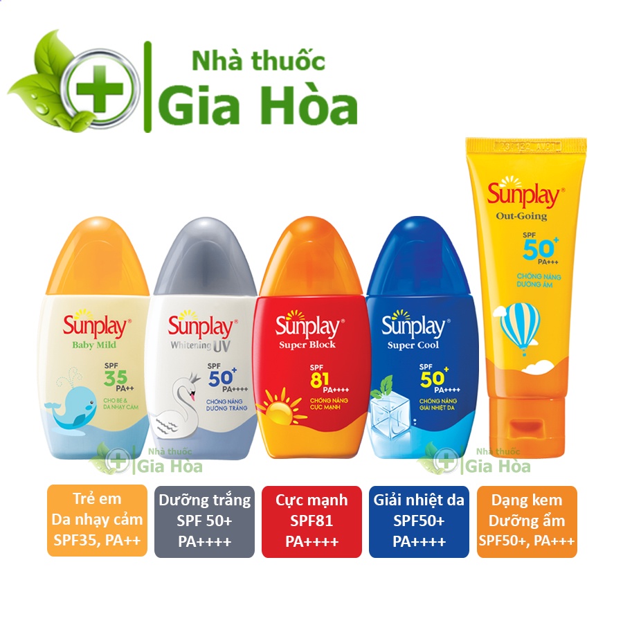 Kem, sữa chống nắng da mặt &amp; body Sunplay dưỡng trắng, cấp ẩm, giải nhiệt da, trẻ em / da nhạy cảm khi đi bơi, dã ngoại