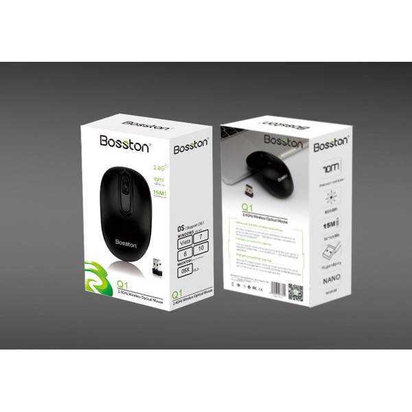 Chuột không dây Bosston 2.4 GHz Wireless Optical Q1 + Tặng 1 Cục pin LYW( Đen)