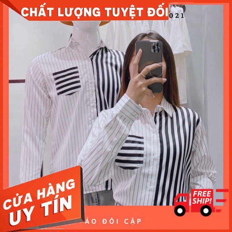 Áo Sơ Mi ADOKA STORE Đôi Nam Trắng Sọc Đen Phối Có Túi Chuyên Cặp Đôi Couple - D243