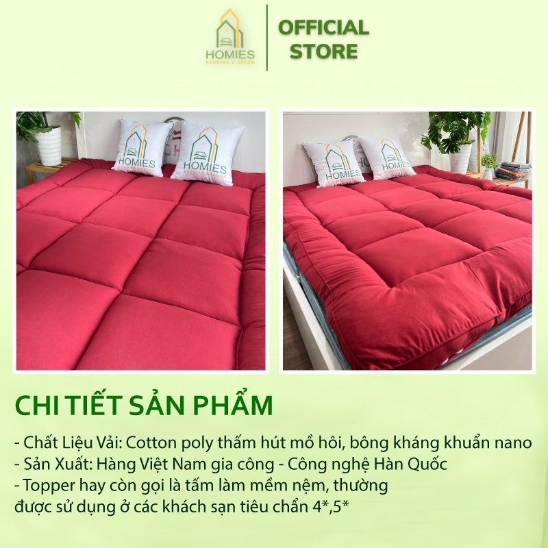 Nệm Topper Đỏ HOMIES Tấm làm mềm đệm cotton Đũi Hàn quốc mới nhất 2020 - Có Chun 4 Góc Cố Định Đệm