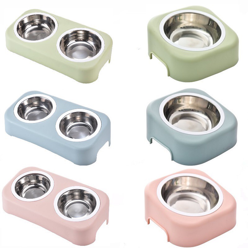 Bát ăn cho mèo - Bát cho chó ăn 2 ngăn ruột Inox chống gù