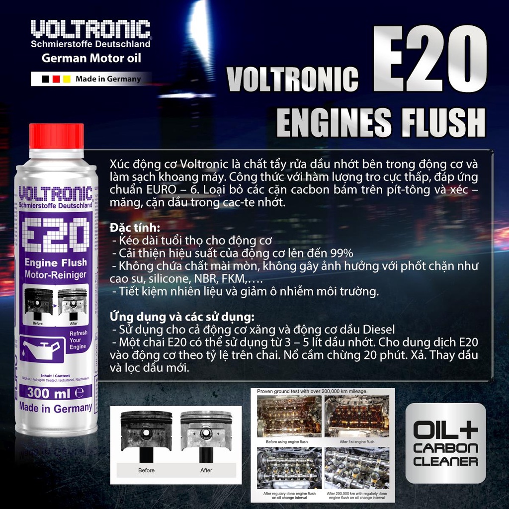 [NGUYÊN CHAI] Dung dịch súc rửa động cơ VOLTRONIC E20 ENGINE FLUSH 300ml, 1L