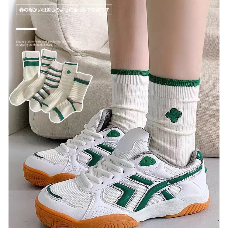 Vớ Cổ Trung Họa Tiết Kẻ Sọc Màu Xanh Lá Phong Cách Hàn Quốc Thời Trang Cho Nữ