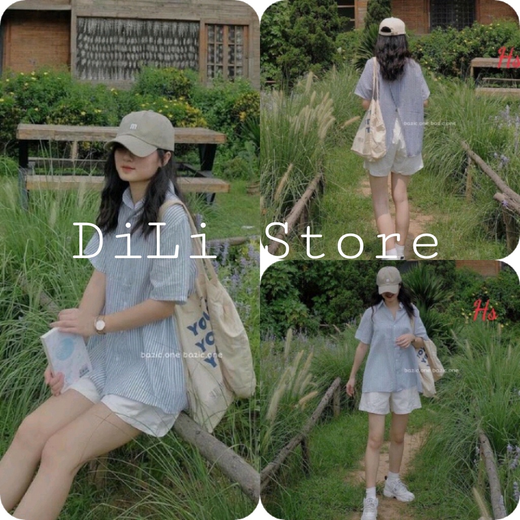 Bộ Quần Đùi Áo Sơ Mi Kẻ Xanh 🦋 Set Áo Somi Cộc Tay Kèm Quần Short Kaki Dáng Rộng 🦋