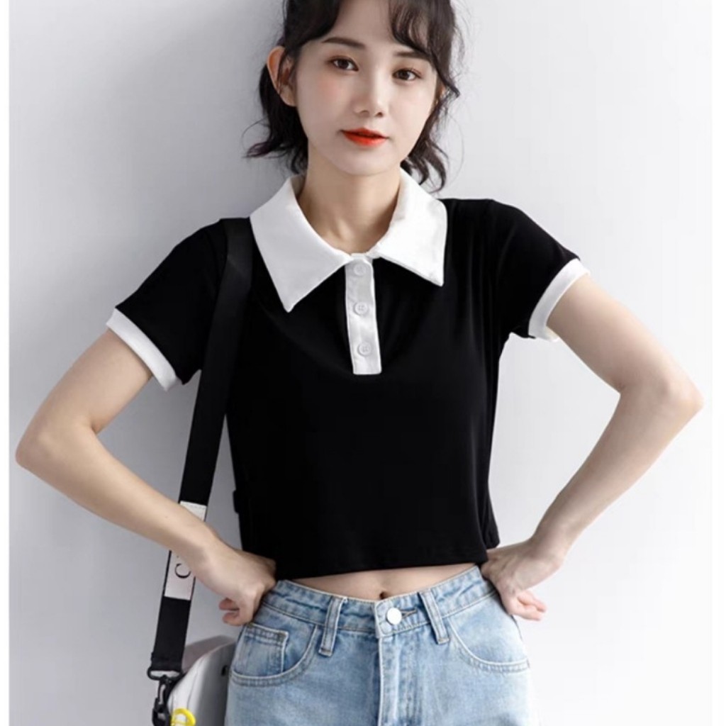 Áo Croptop Tay Ngắn Phối Màu Trắng Đen Áo Kểu Dễ Phối Với Các Loại Quần Ống Suông Quần Baggy Kiểu Dáng Cá Tính Dễ Thương