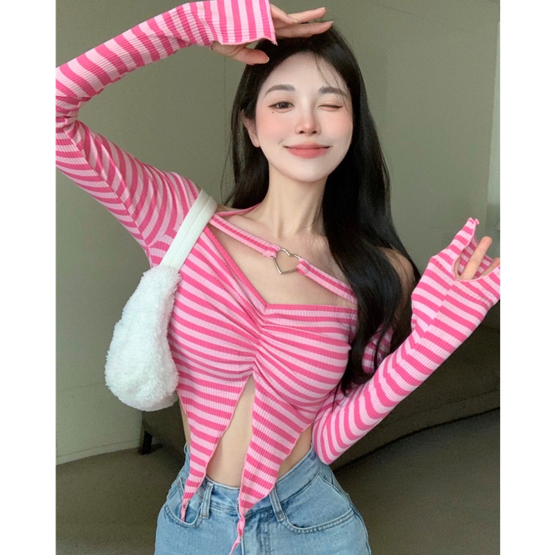 Áo Thun Nữ Tay Dài Dáng Ôm Kẻ Sọc Ngang Trẻ Trung