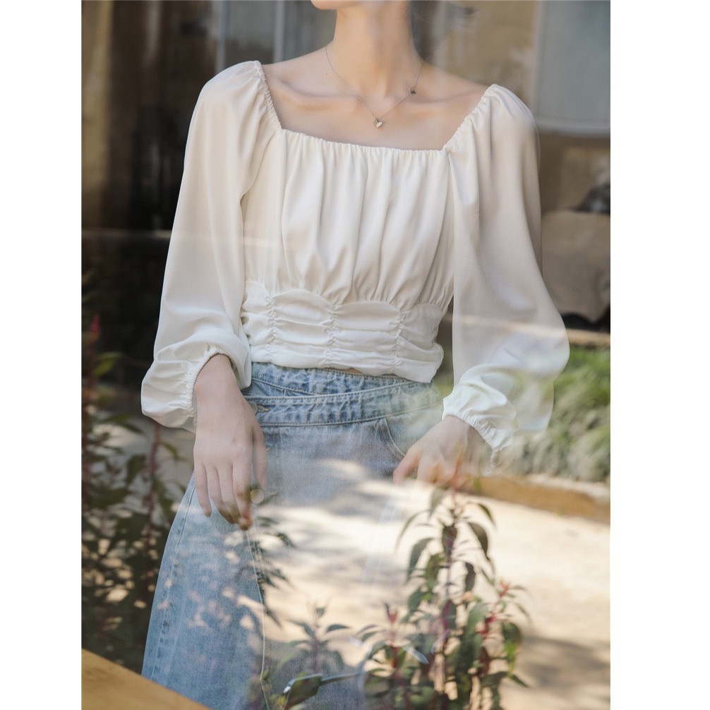 Áo kiểu tay phồng dài cổ vuông, thiết kế dáng ngắn (croptop) mặc được trễ vai_siêu phẩm Liola 2020