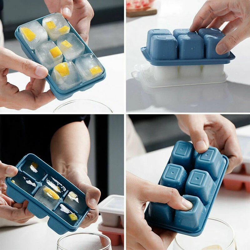 Khay Làm Đá 6 Ngăn Bằng Silicone Cấp Thực Phẩm Kèm Nắp Đậy DIY