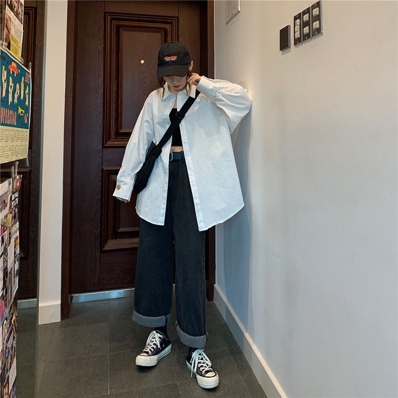 IELGY Áo sơ mi polo tay dài dáng rộng phong cách hàn quốc cổ điển