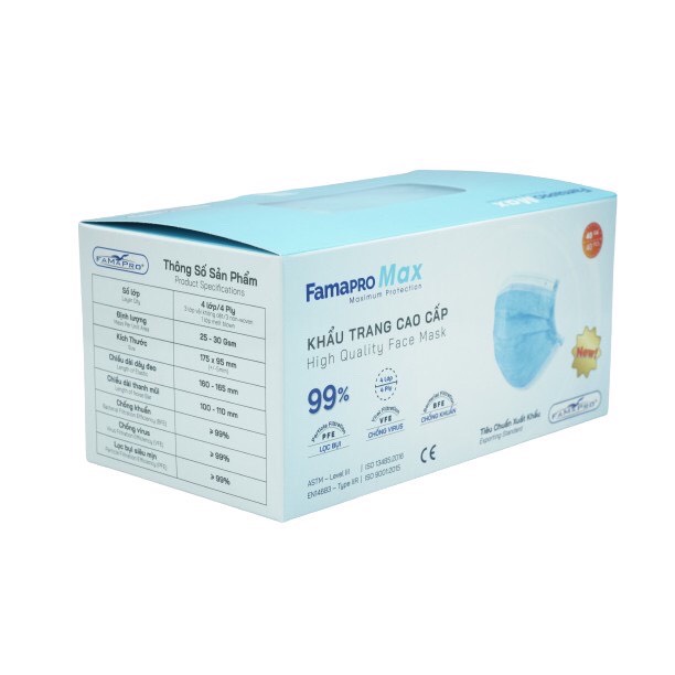 Khẩu trang y tế cao cấp 4 lớp kháng khuẩn Famapro max màu xanh (40 cái / hộp)