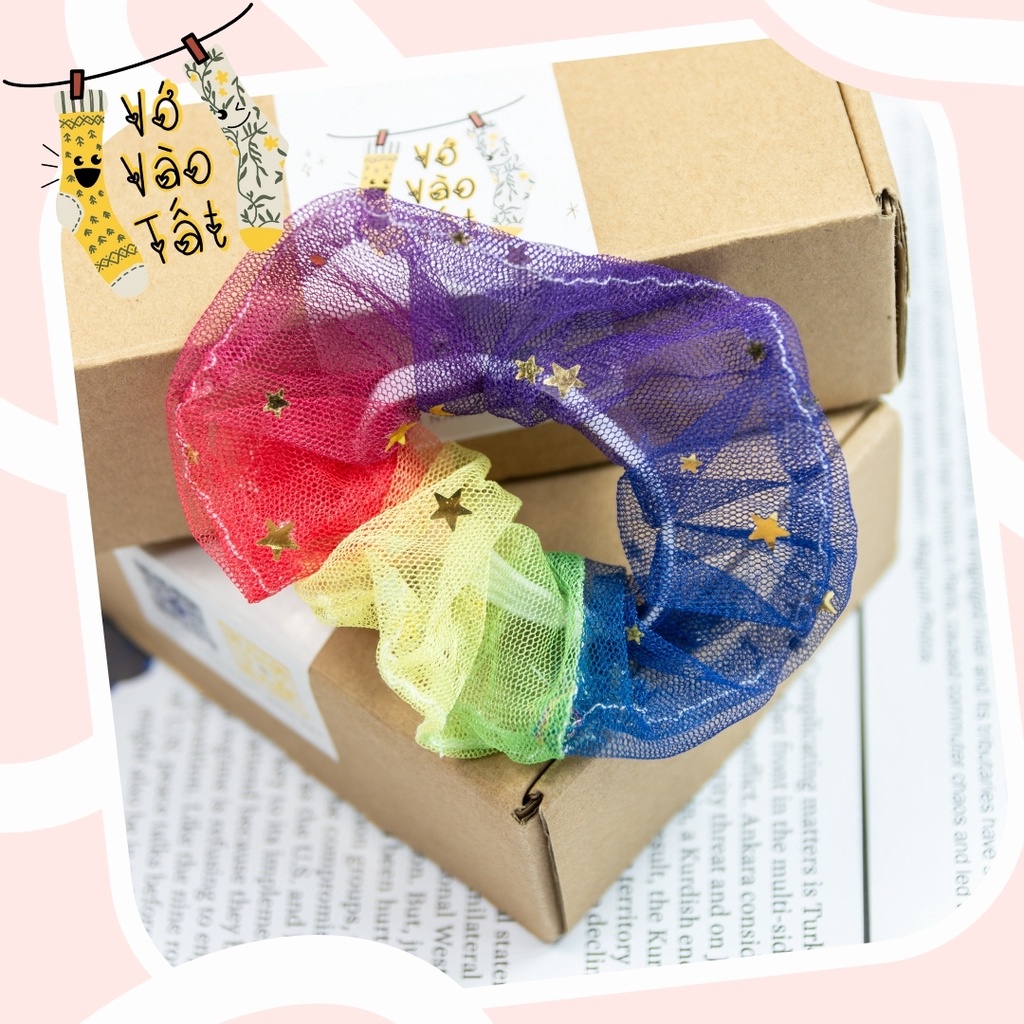 Buộc tóc scrunchies voan lưới xuyên thấu họa tiết ánh kim độc đáo