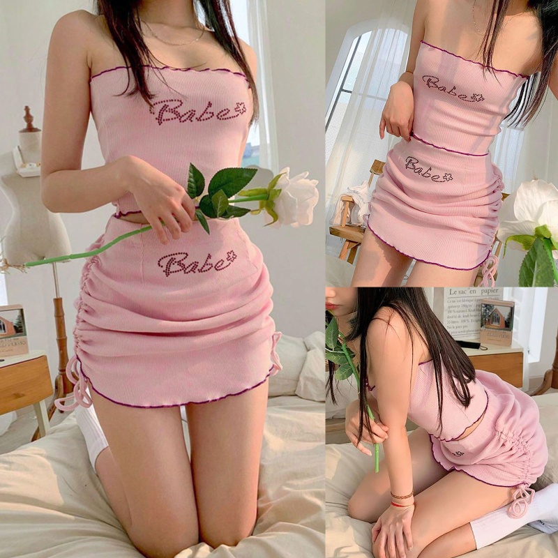 Brroa Set 2 Áo Croptop Dệt Kim Hở Vai Mini Ôm Dáng Phối Dây Rút Đính Đá Chữ Thời Trang Quyến Rũ Cho Nữ