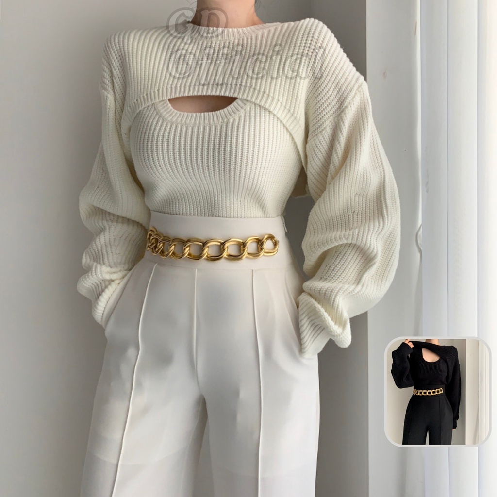 L4|Áo len dệt kim nữ croptop dài tay kèm hai dây trơn, suông dáng khoác rộng màu trắng, đen GD Official