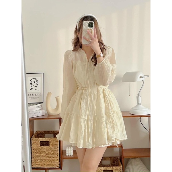Váy babydoll hai lớp TƠ NHÚN dáng xòe KÈM ĐAI thắt eo - Đầm tầng xoè tay bồng nhún cổ thắt eo