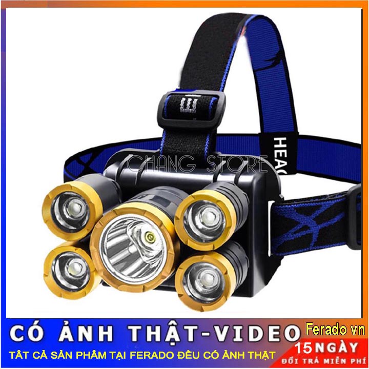 Đèn Pin Đội Đầu  5 Bóng T6 Đeo Trán Siêu Sáng Kèm Pin Sạc gọn gàng thuận tiện
