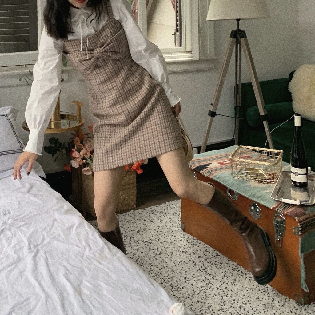 Đầm len chữ A thắt nơ họa tiết kẻ sọc ngọt ngào thời trang thu đông kiểu Pháp mới 2021