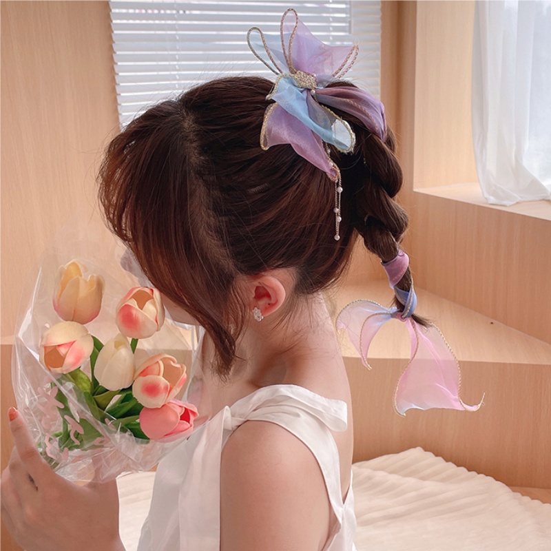 Kẹp Tóc Dài Phối Nơ Lưới Thời Trang Hàn Quốc