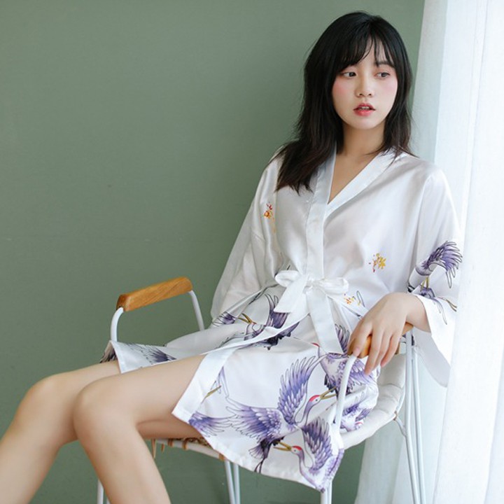Áo choàng ngủ kiểu kimono in hình chim hạt sang trọng với 4 màu siêu hot