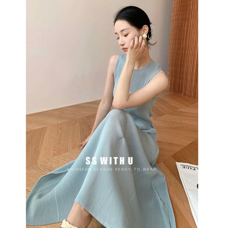 Đầm Dài Trung Bình Xếp Ly Màu Xanh Bạc Hà Thanh Lịch Thời Trang Mùa Hè Hàng Mới Dành Cho Bạn Nữ