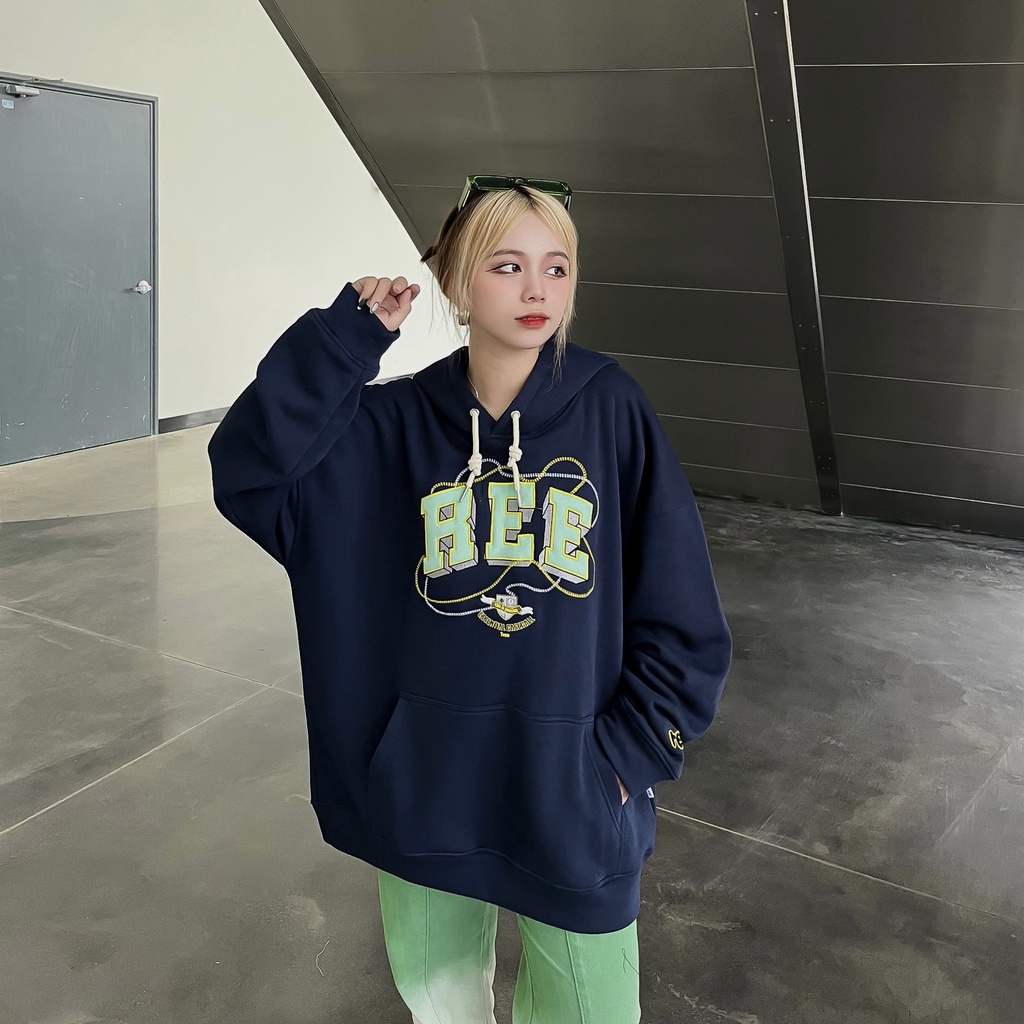 LOCAL BRAND REE - ÁO HOODIE BASIC THÊU DA MÀU NAVY