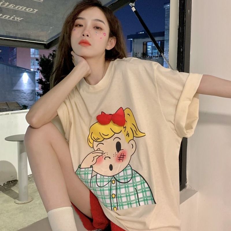 Jiashucheng Áo Thun Dáng Rộng Đính Nơ Dễ Thương Thời Trang Mùa Hè Cho Bạn Gái