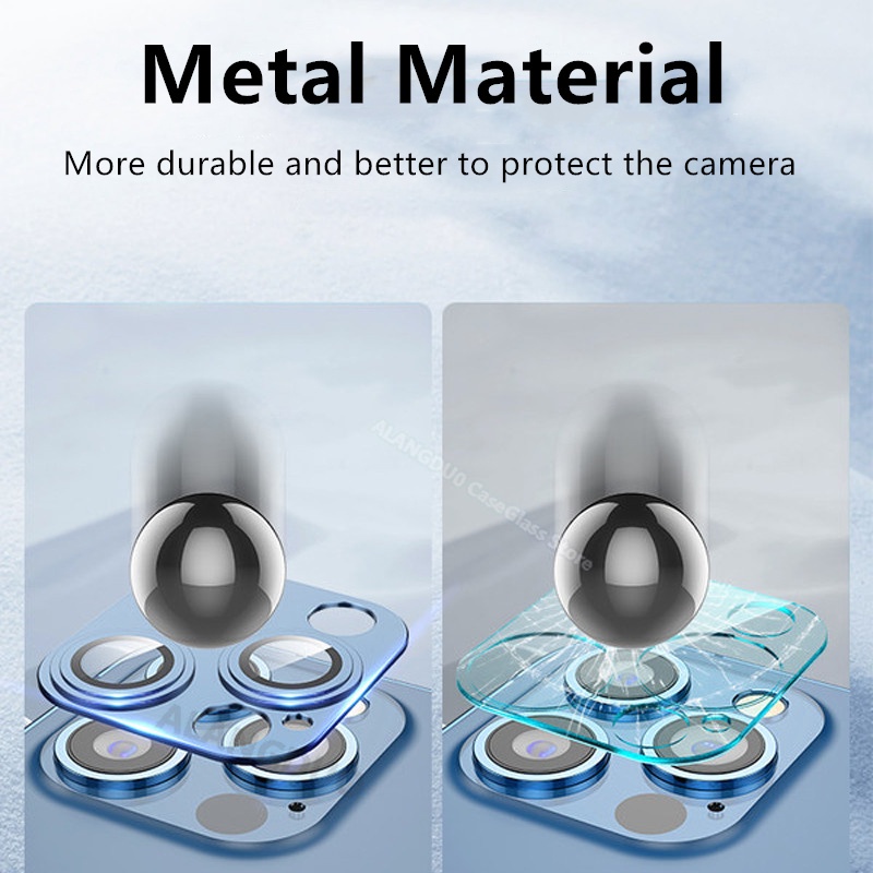 Miếng dán cường lực 9D viền kim loại bảo vệ camera điện thoại cho iPhone 13 12 Pro Max Mini 11 Pro Max 12 13 Pro