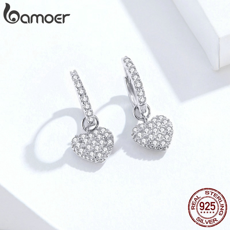 Khuyên Tai Bamoer SCE8212020 Làm Từ Bạc 925 Hình Trái Tim Đính Đá Thời Trang Cho Nữ