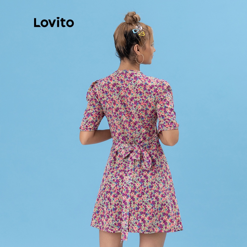  Đầm Lovito in hoa tay phồng dễ thương L06040 (màu tím) | BigBuy360 - bigbuy360.vn