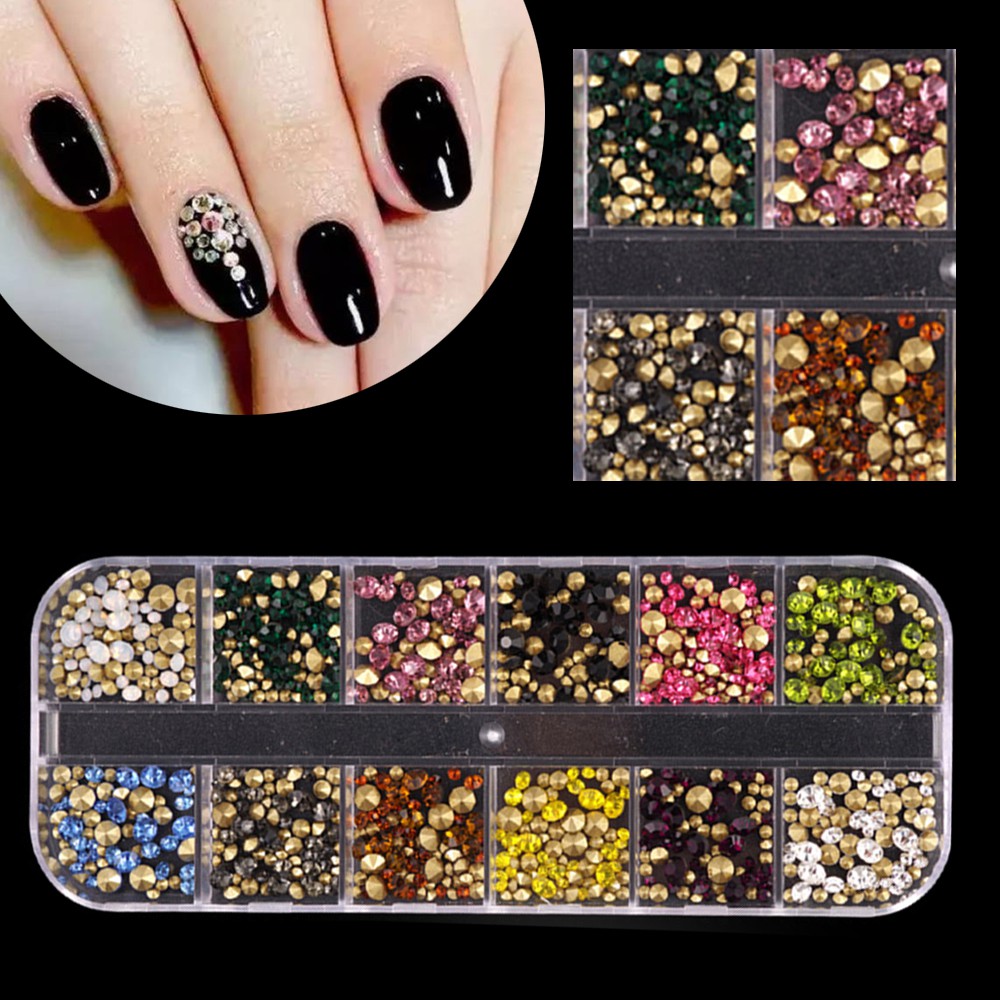 12 loại màu sắc khác nhau của đá trang trí nghệ thuật sắc nét trang sức mẫu Charm đính móng