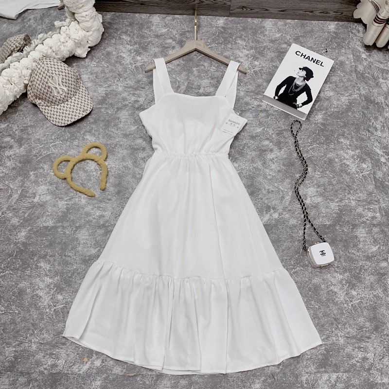 Váy 2 dây maxi có nơ hở lưng Đầm chiết eo 2s bản to có đuôi cá dáng xoè màu trắng