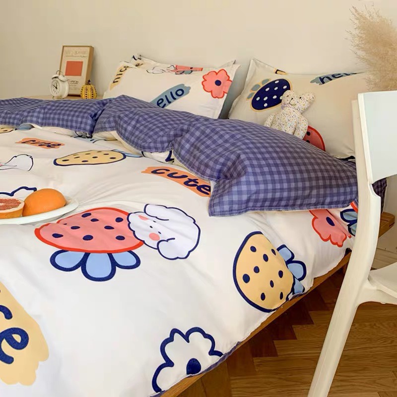 Bộ chăn ga gối cotton poly 2 mặt Lidaco decor phòng ngủ vintage - Dâu sắc màu ( SP001459)