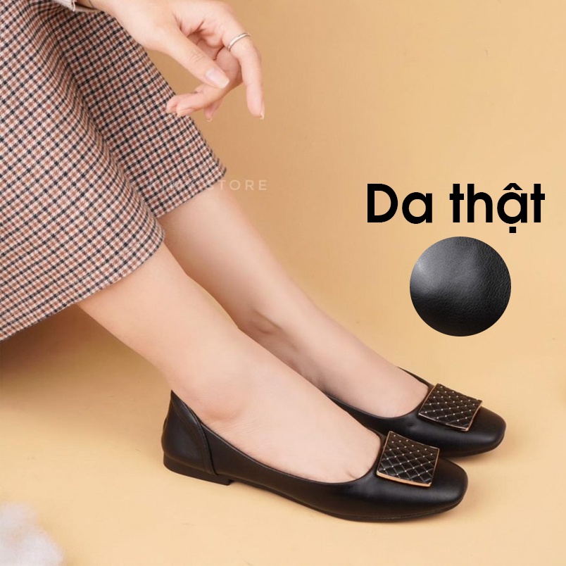 Giày bệt nữ da thật khuy vuông 1cm, Giày búp bê mũi vuông hàng VNXK - Kimy Store