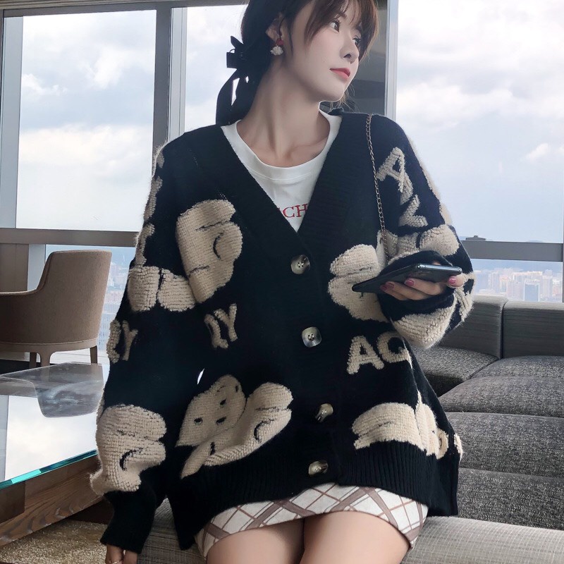 Áo Khoác Cardigan Họa Tiết Gấu Nâu, Áo Khoác Len Nữ Phong Cách Hàn Quốc A12