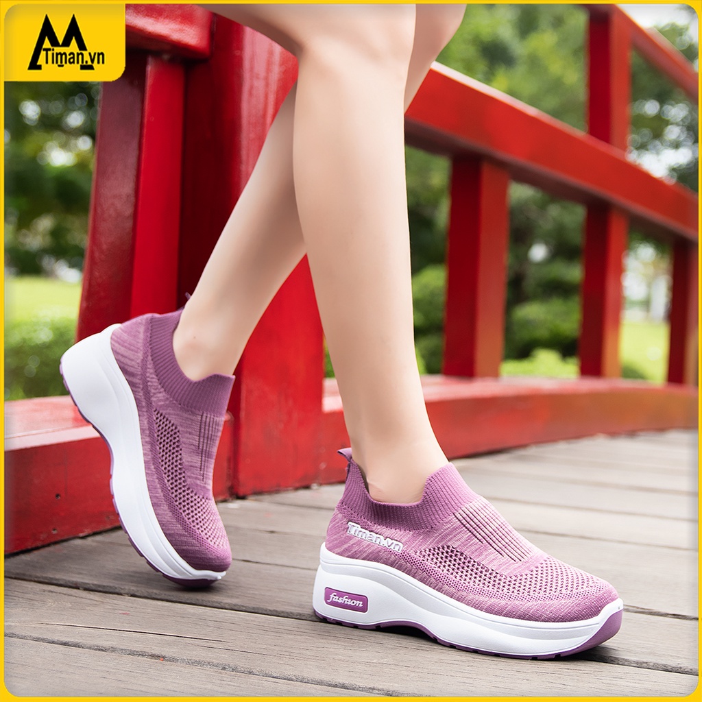 Giày lười nữ chất liệu vải slip on kiểu thể thao đế cao màu trắng độn đế bảo hành 1 năm BN44 TIMAN