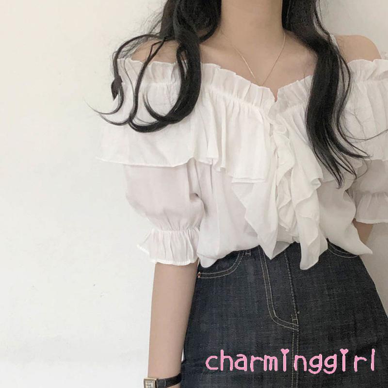 Áo Kiểu Trễ Vai Tay Ngắn Màu Trơn Thời Trang Mùa Hè Cho Nữ