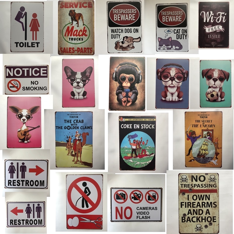 2020 [Luckyaboy] Vintage Dog Cat Toliet Restroom Tintin Tiki Bar Wifi Metal Tin Signs Wall Art Painting Poster Bar Cafe Garage Decor