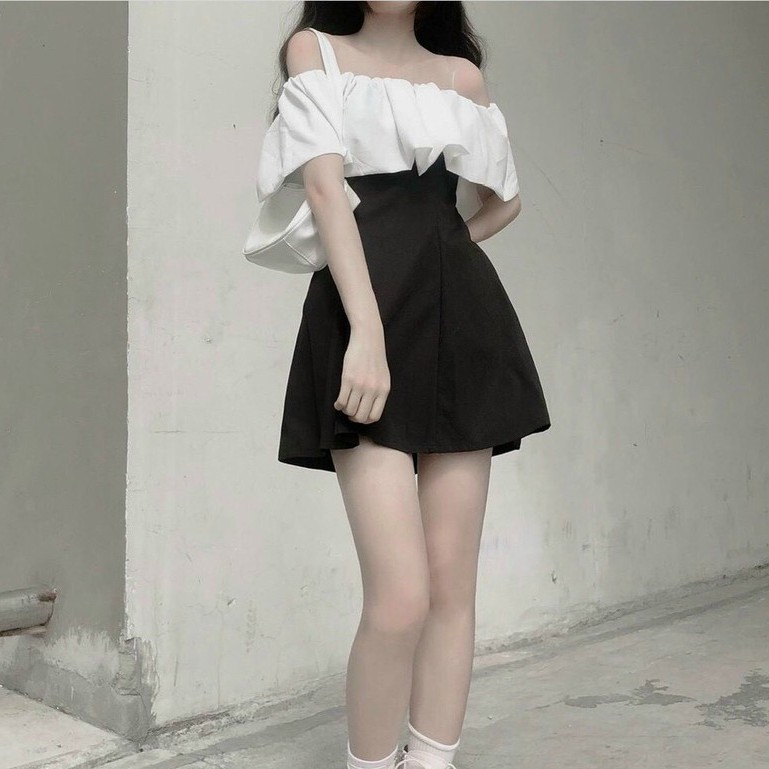 [có feedback]Đầm dự tiệc Đầm body chữ A đen hở vai, tay bồng tiểu thư bánh bèo Ulzzang HOT Váy Trễ Vai Phối Ngực Trắng🌸 | BigBuy360 - bigbuy360.vn